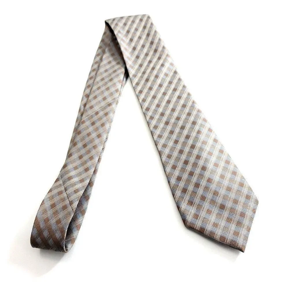 Calvin‎ Klein Brown Blue Plaid Woven Silk Tie